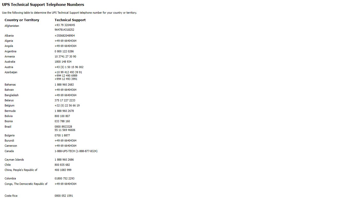 UPS Technical Support Telephone Numbers